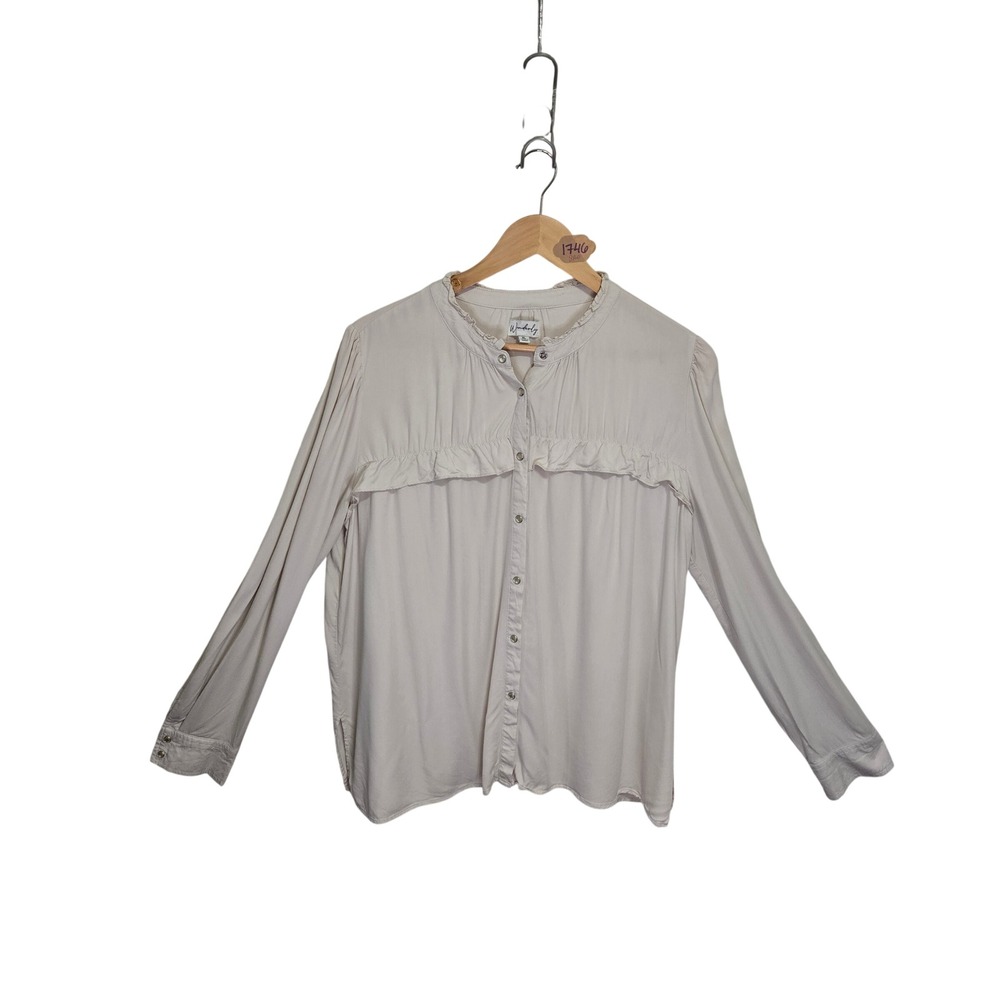 Wonderly Womens Cream Ruffle Trim Button Down Blouse Long Sleeve Rayon XL